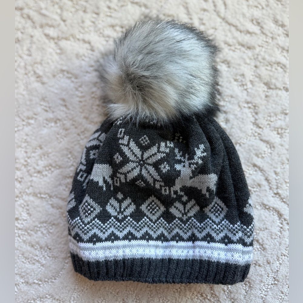 Cozy Dark Gray With White Winter Scene Hat with Pom Pom.